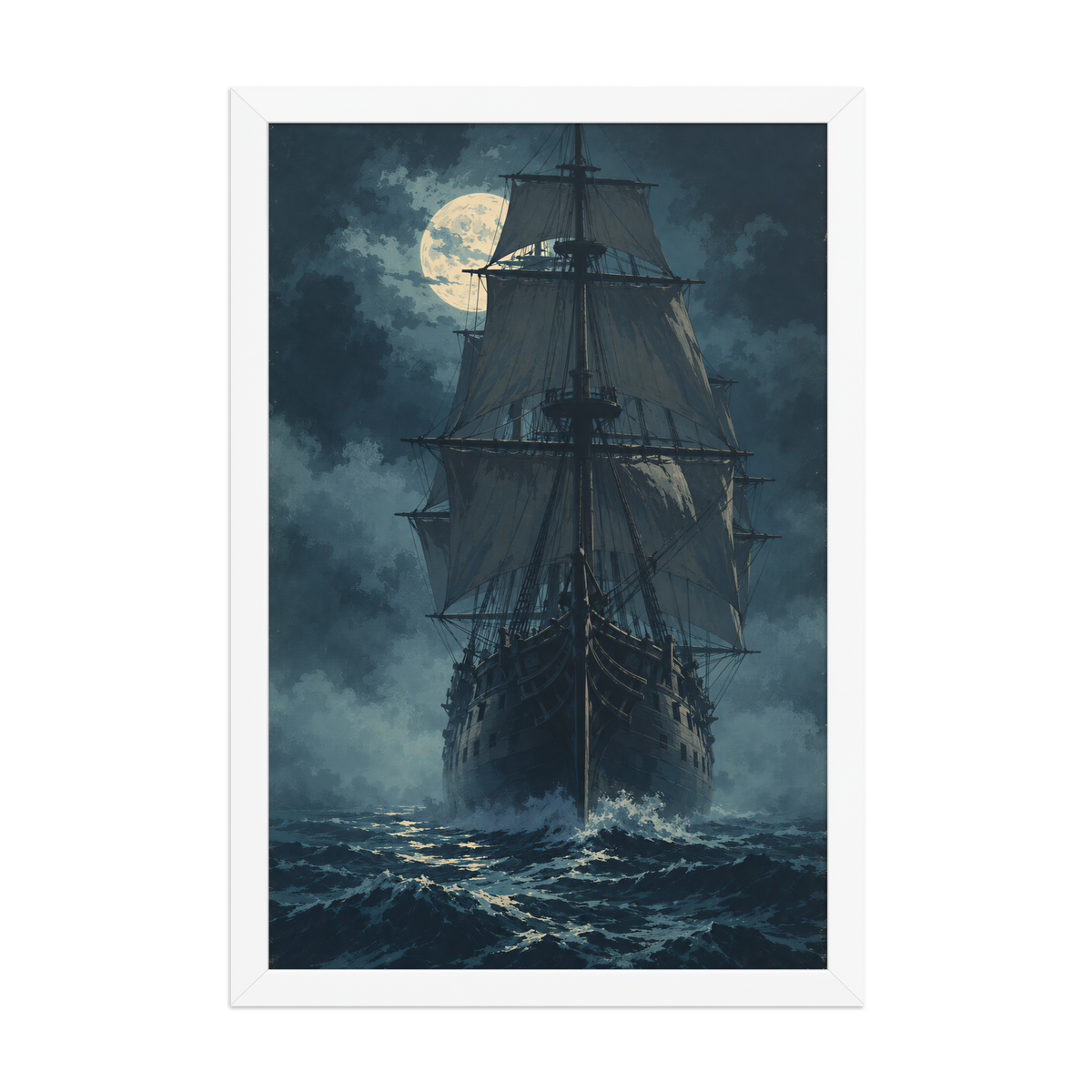 Tall ship sailing under full moon at night, vintage atmospheric nautical framed wall art print ready to hang, JMTR Jeometry Store