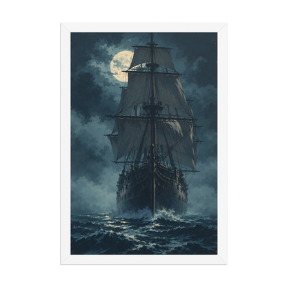Tall ship sailing under full moon at night, vintage atmospheric nautical framed wall art print ready to hang, JMTR Jeometry Store