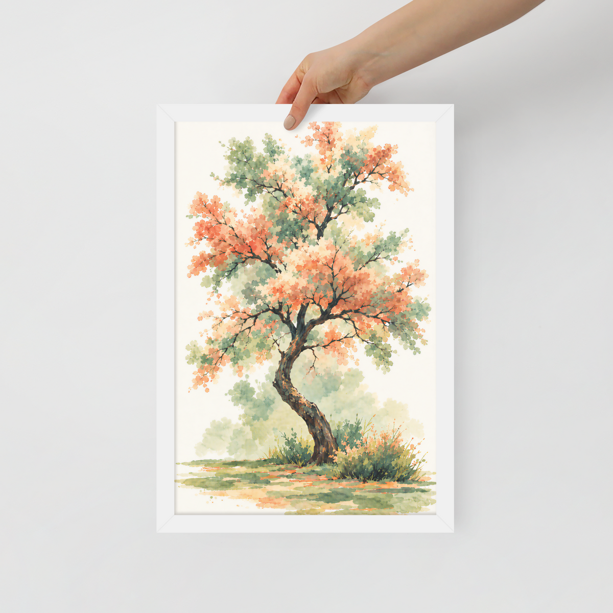 Watercolor painting of a blossoming tree with coral and sage green leaves, twisting trunk in a quiet meadow, framed wall art print ready to hang, JMTR Jeometry Store