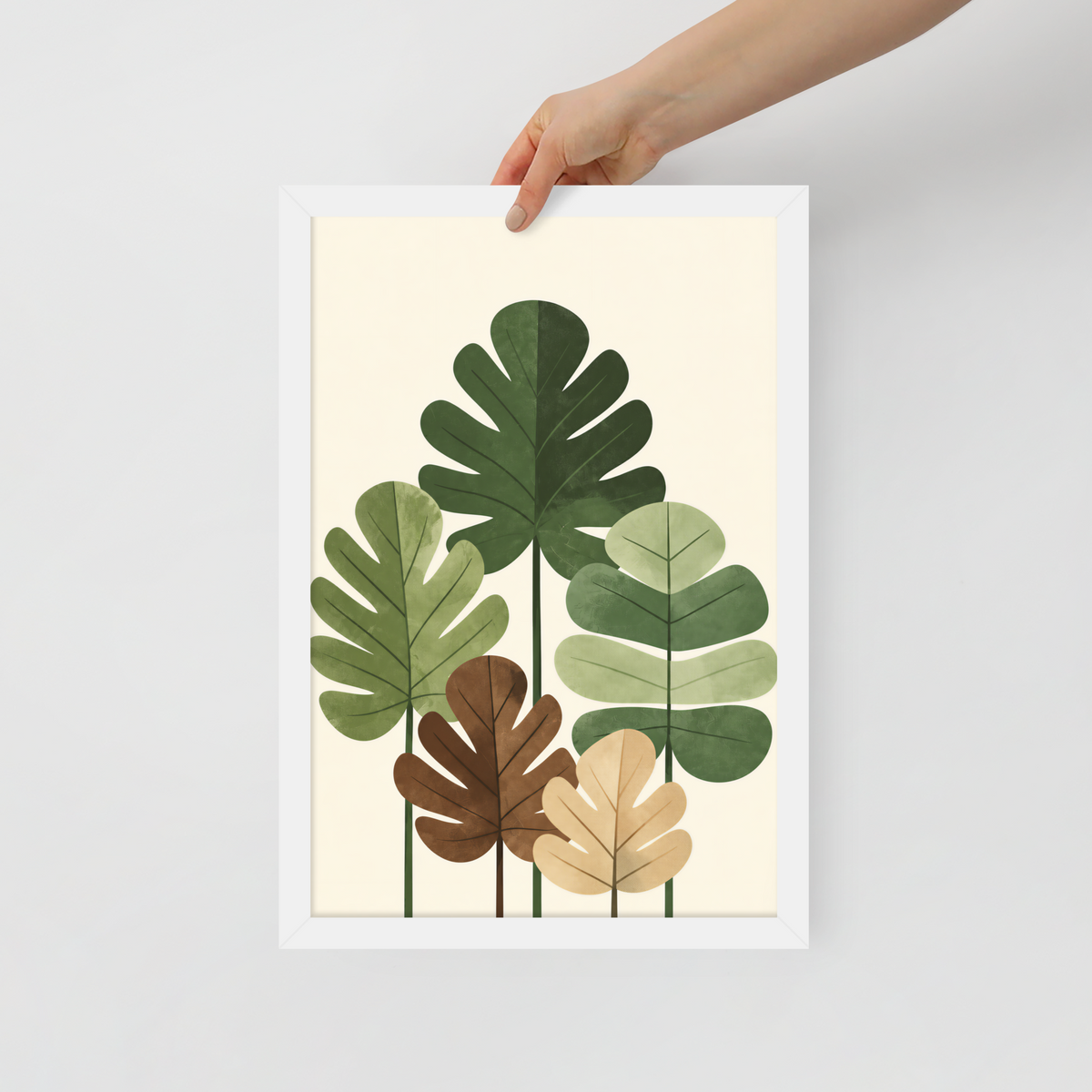 Illustrated fig leaves in shades of green, brown and gold with textured paper-like finish, framed wall art print ready to hang, JMTR Jeometry Store