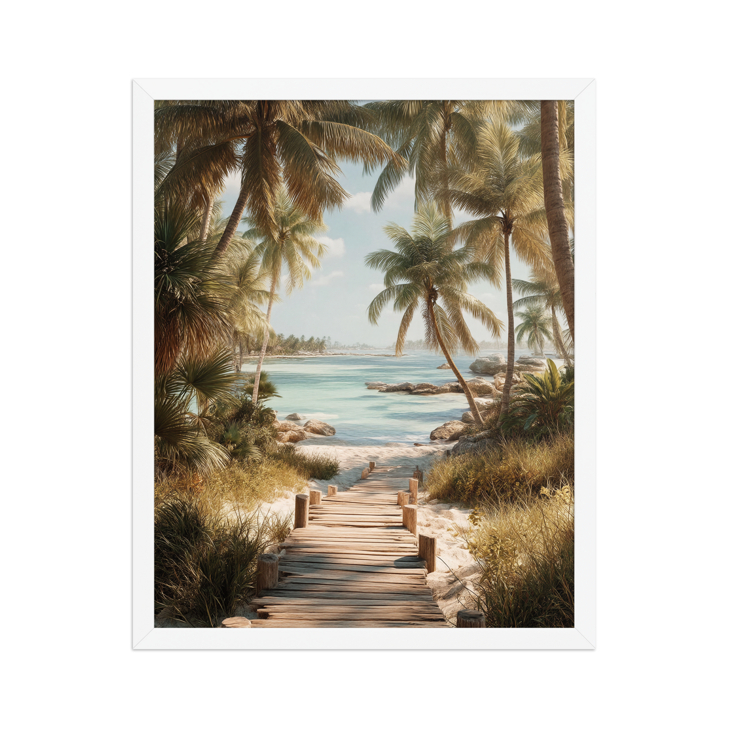 Wooden boardwalk path through tropical palm trees 
leading to calm turquoise beach, framed wall art print, 
black frame, JMTR Jeometry Store