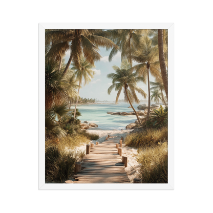 Wooden boardwalk path through tropical palm trees 
leading to calm turquoise beach, framed wall art print, 
black frame, JMTR Jeometry Store