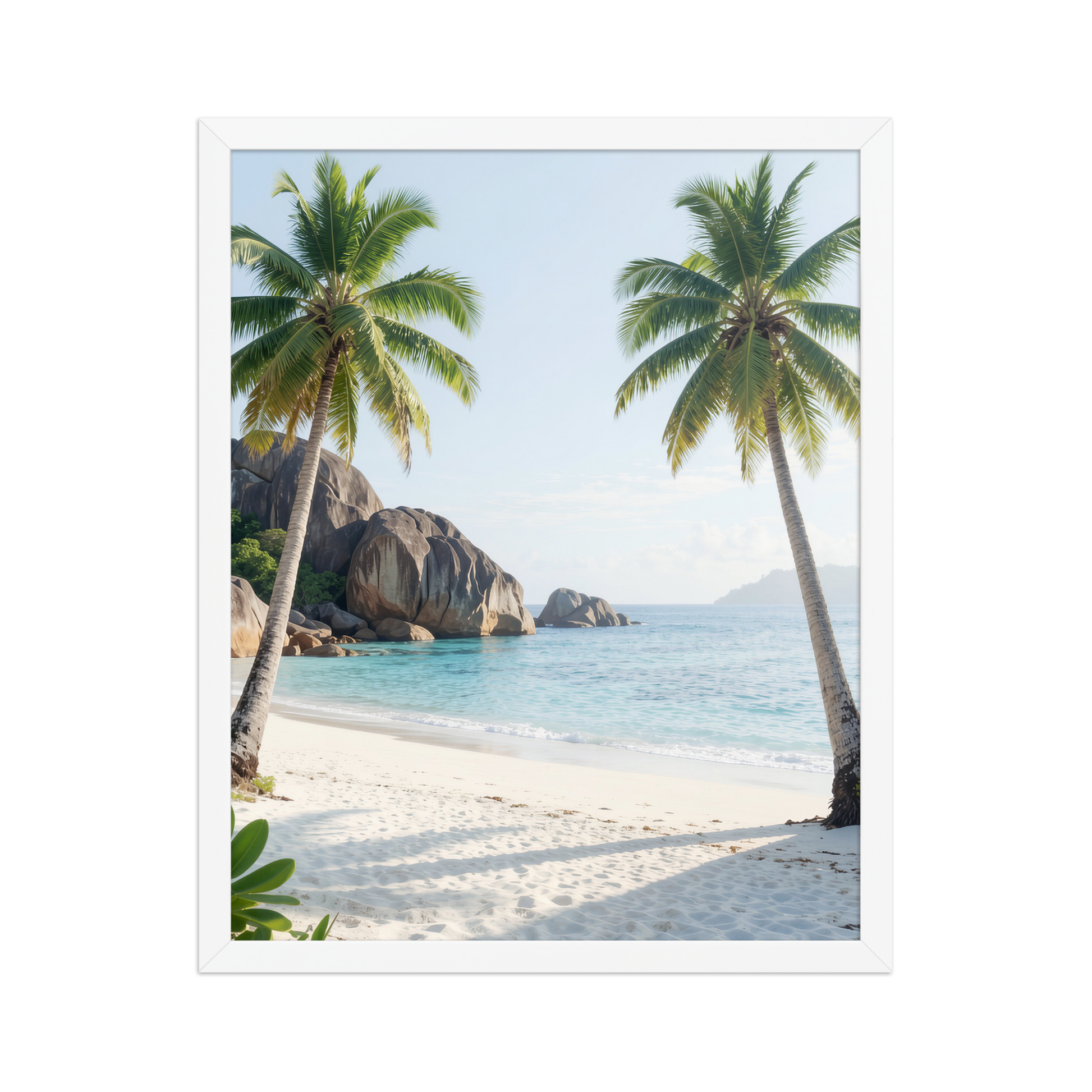 Framed tropical beach print with turquoise ocean, white sand and palm trees, ready to hang coastal wall art, JMTR Jeometry Store