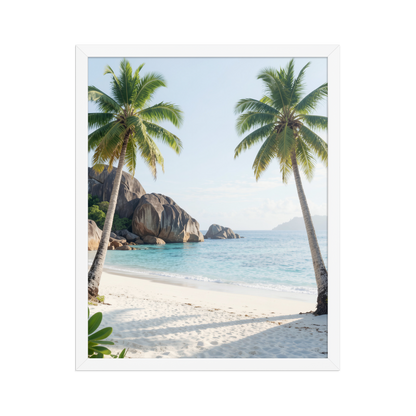 Framed tropical beach print with turquoise ocean, white sand and palm trees, ready to hang coastal wall art, JMTR Jeometry Store