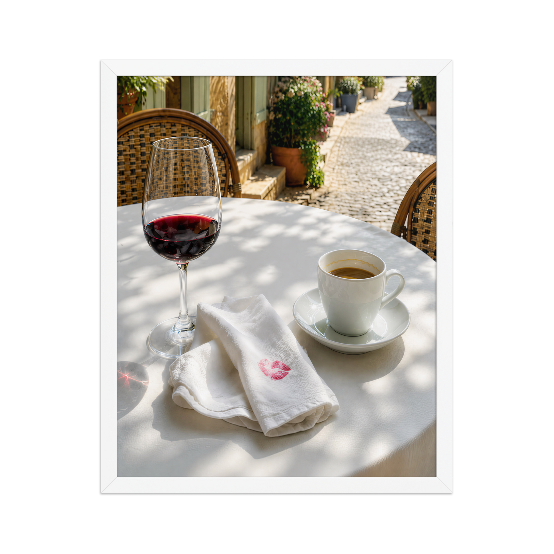 Framed sunlit café terrace print with red wine and espresso, ready to hang wall art, JMTR Jeometry Store