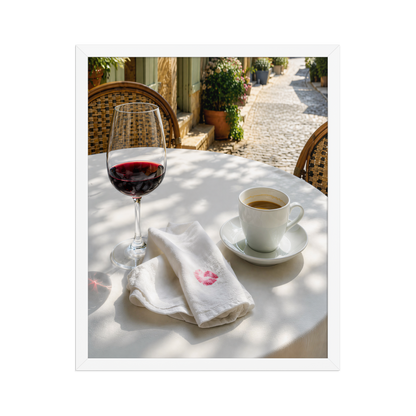Framed sunlit café terrace print with red wine and espresso, ready to hang wall art, JMTR Jeometry Store