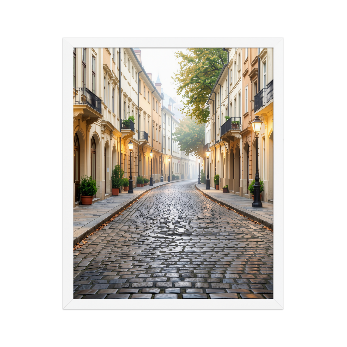 Framed European cobblestone street wall art, calm aesthetic old town morning fog poster, black frame, JMTR Jeometry Store