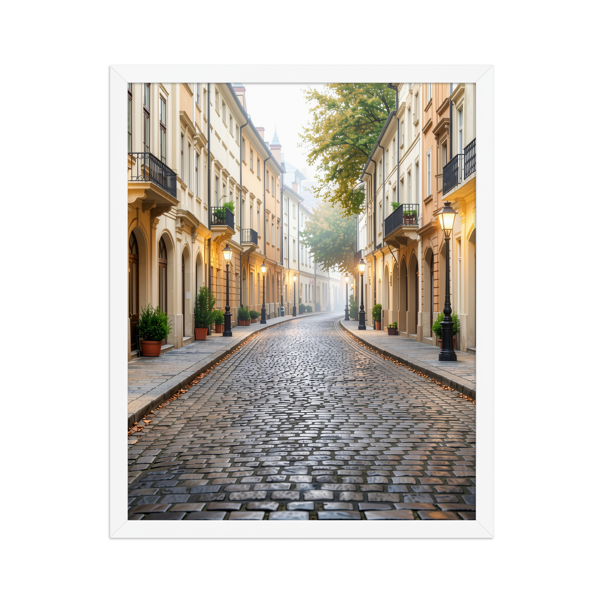 Framed European cobblestone street wall art, calm aesthetic old town morning fog poster, black frame, JMTR Jeometry Store