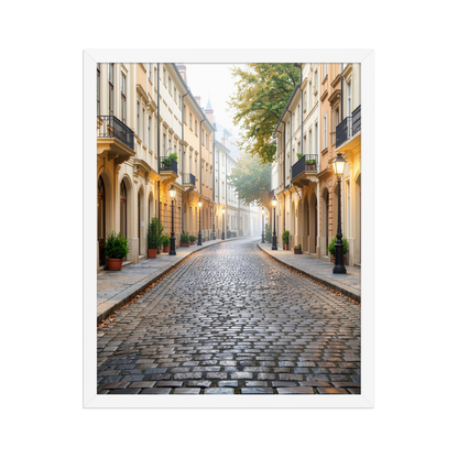 Framed European cobblestone street wall art, calm aesthetic old town morning fog poster, black frame, JMTR Jeometry Store