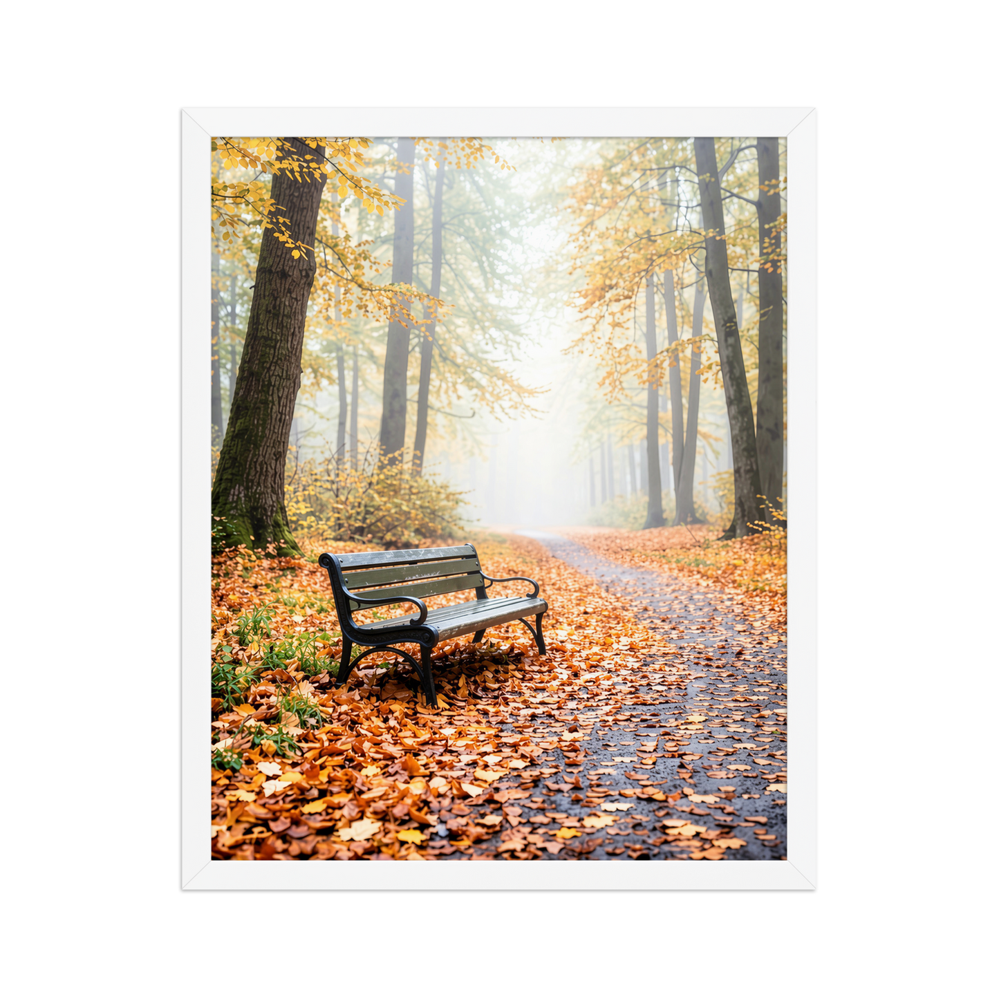 Framed autumn park bench wall art, foggy forest path fall leaves calm aesthetic poster, black frame, JMTR Jeometry Store