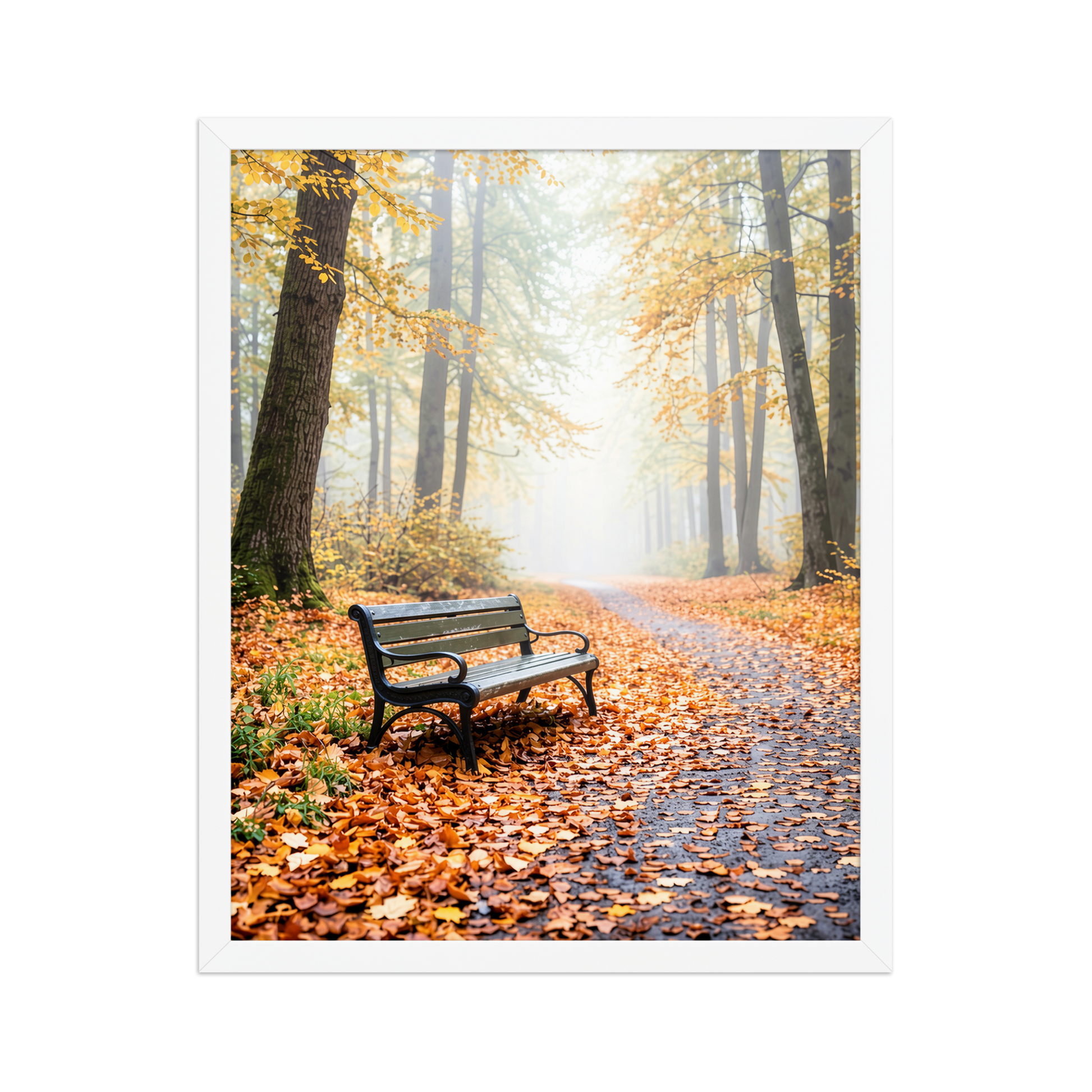 Framed autumn park bench wall art, foggy forest path fall leaves calm aesthetic poster, black frame, JMTR Jeometry Store