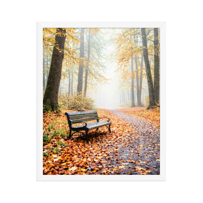Framed autumn park bench wall art, foggy forest path fall leaves calm aesthetic poster, black frame, JMTR Jeometry Store