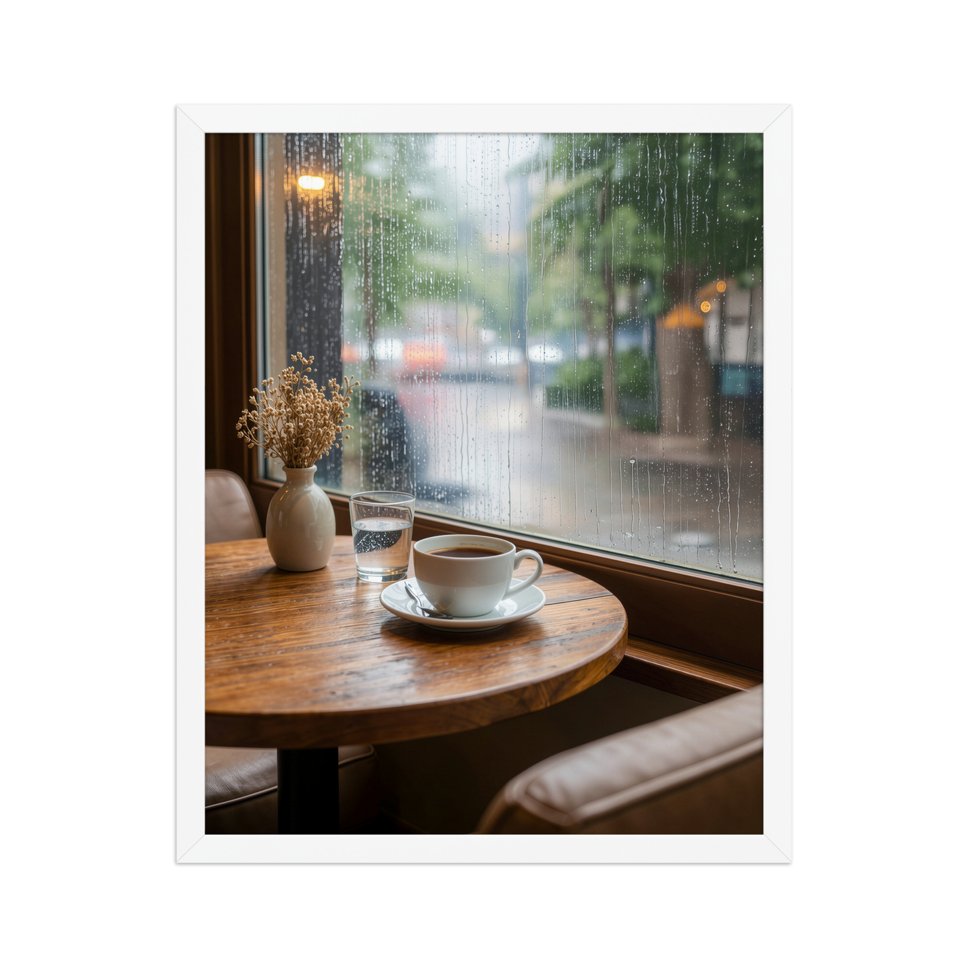 Framed rainy day cafe wall art, coffee cup by rain window calm aesthetic poster, black frame, JMTR Jeometry Store