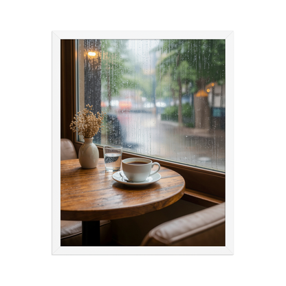 Framed rainy day cafe wall art, coffee cup by rain window calm aesthetic poster, black frame, JMTR Jeometry Store