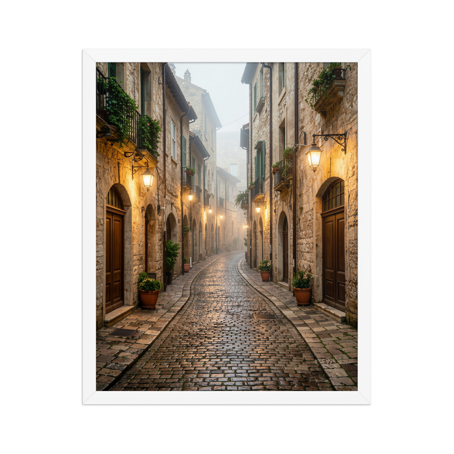 Framed Italian village cobblestone street wall art, warm lanterns foggy alley calm aesthetic poster, black frame, JMTR Jeometry Store