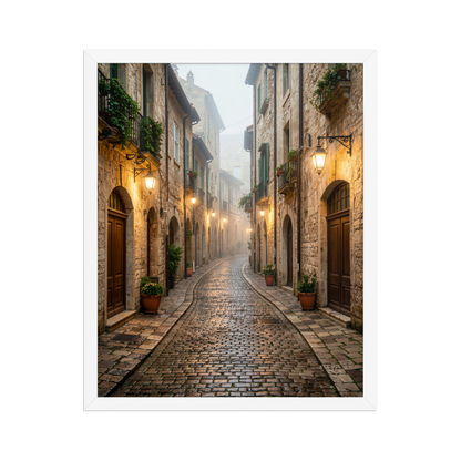 Framed Italian village cobblestone street wall art, warm lanterns foggy alley calm aesthetic poster, black frame, JMTR Jeometry Store