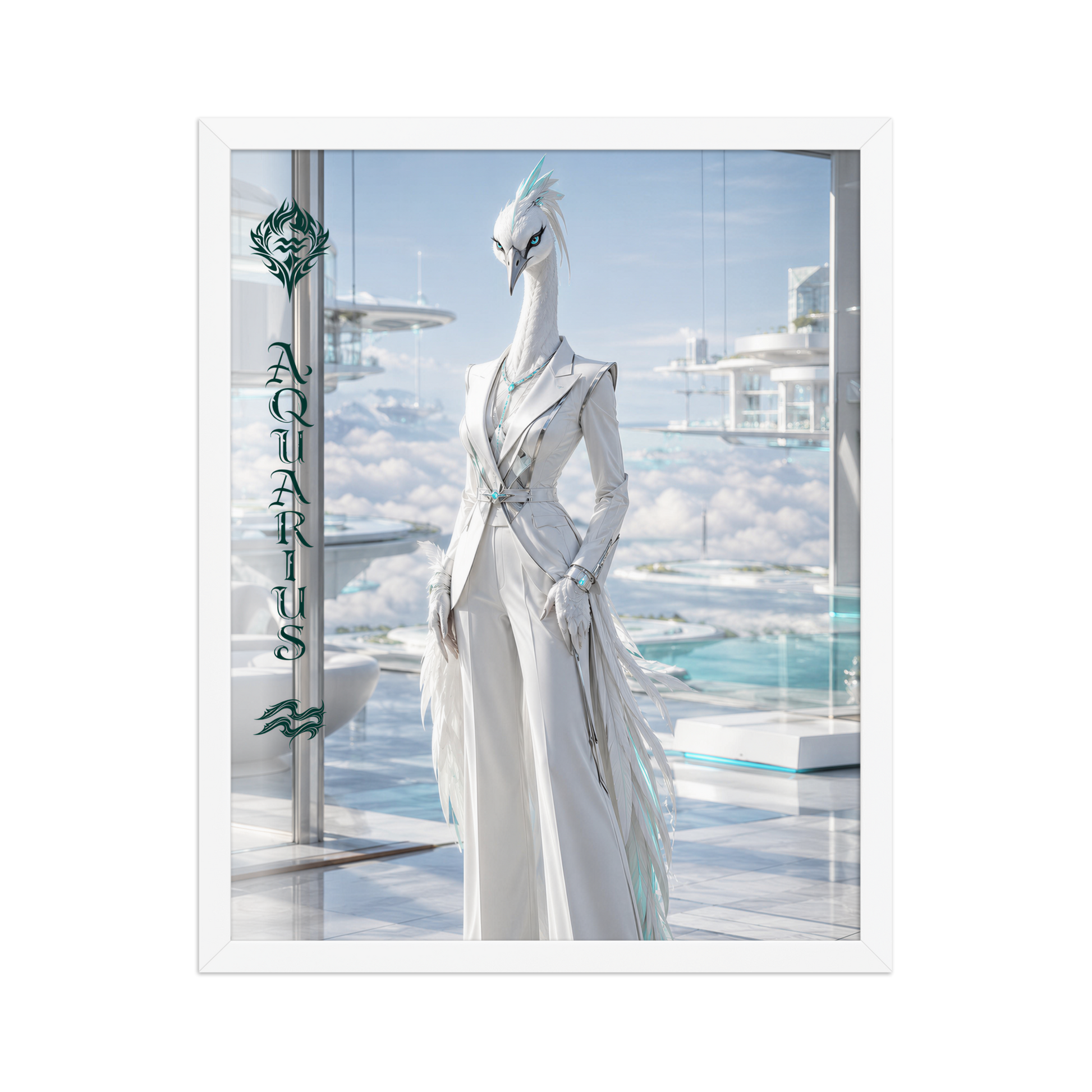 Framed Aquarius woman zodiac poster featuring a white crane standing above the clouds in a futuristic celestial city