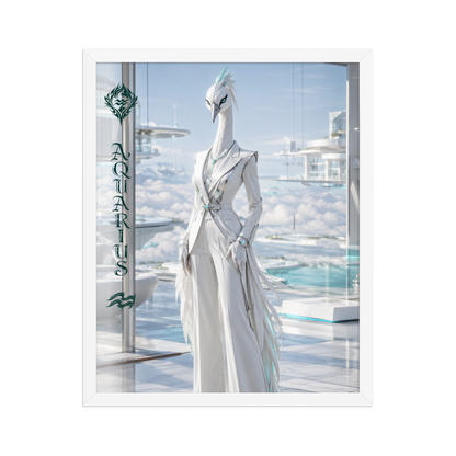 Framed Aquarius woman zodiac poster featuring a white crane standing above the clouds in a futuristic celestial city