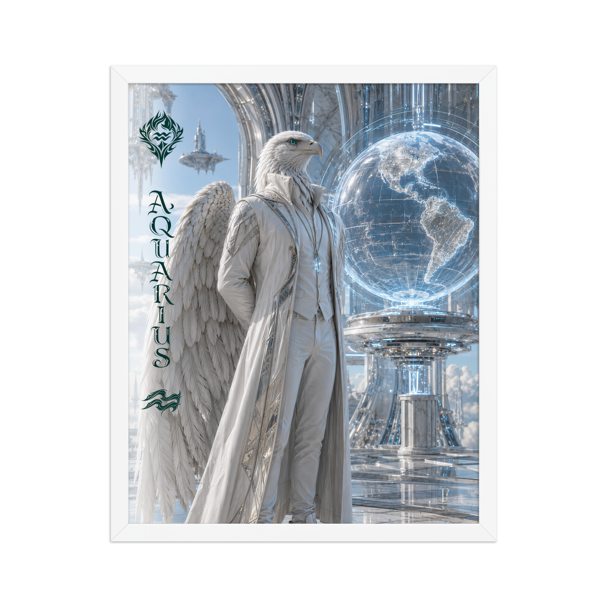 Framed Aquarius man zodiac poster featuring a white eagle standing before a glowing world in a futuristic celestial city