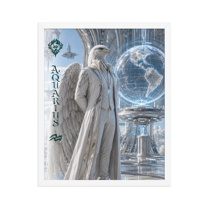 Framed Aquarius man zodiac poster featuring a white eagle standing before a glowing world in a futuristic celestial city