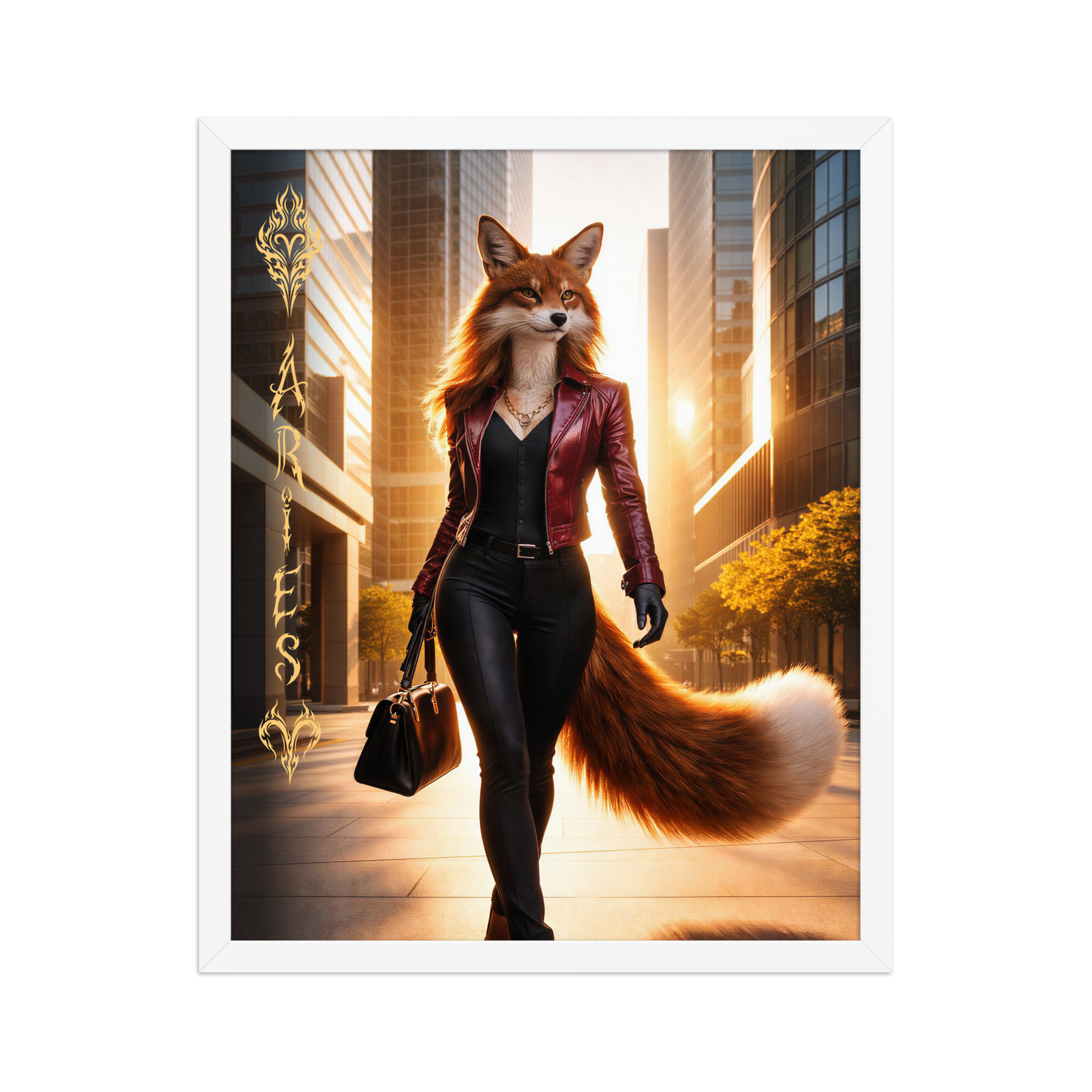 Framed Aries fox woman zodiac poster walking through a modern city at sunset