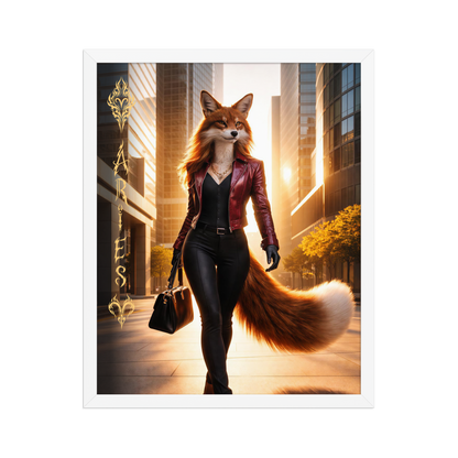 Framed Aries fox woman zodiac poster walking through a modern city at sunset