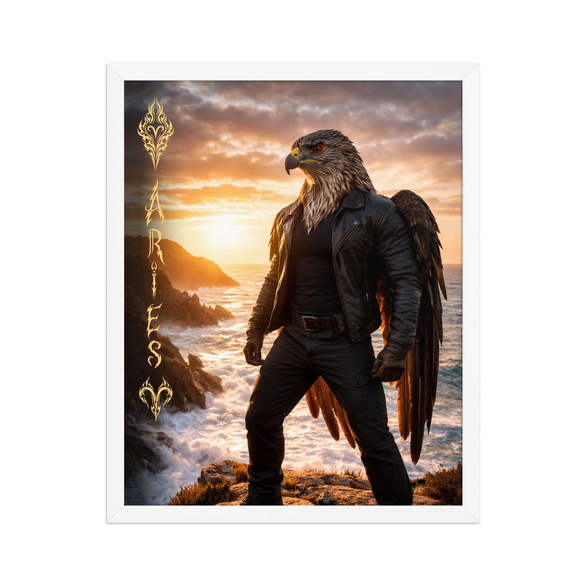 Framed Aries man poster featuring a powerful eagle figure standing above ocean cliffs at sunset, symbolizing strength, courage, and leadership.