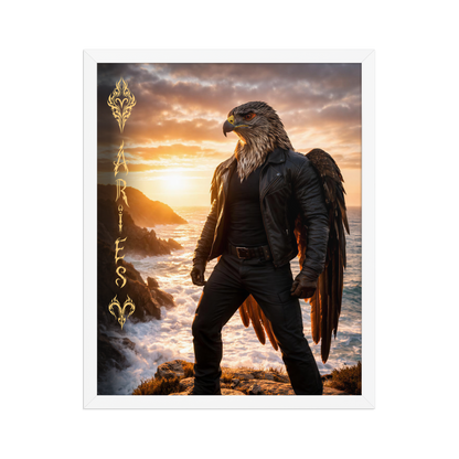 Framed Aries man poster featuring a powerful eagle figure standing above ocean cliffs at sunset, symbolizing strength, courage, and leadership.