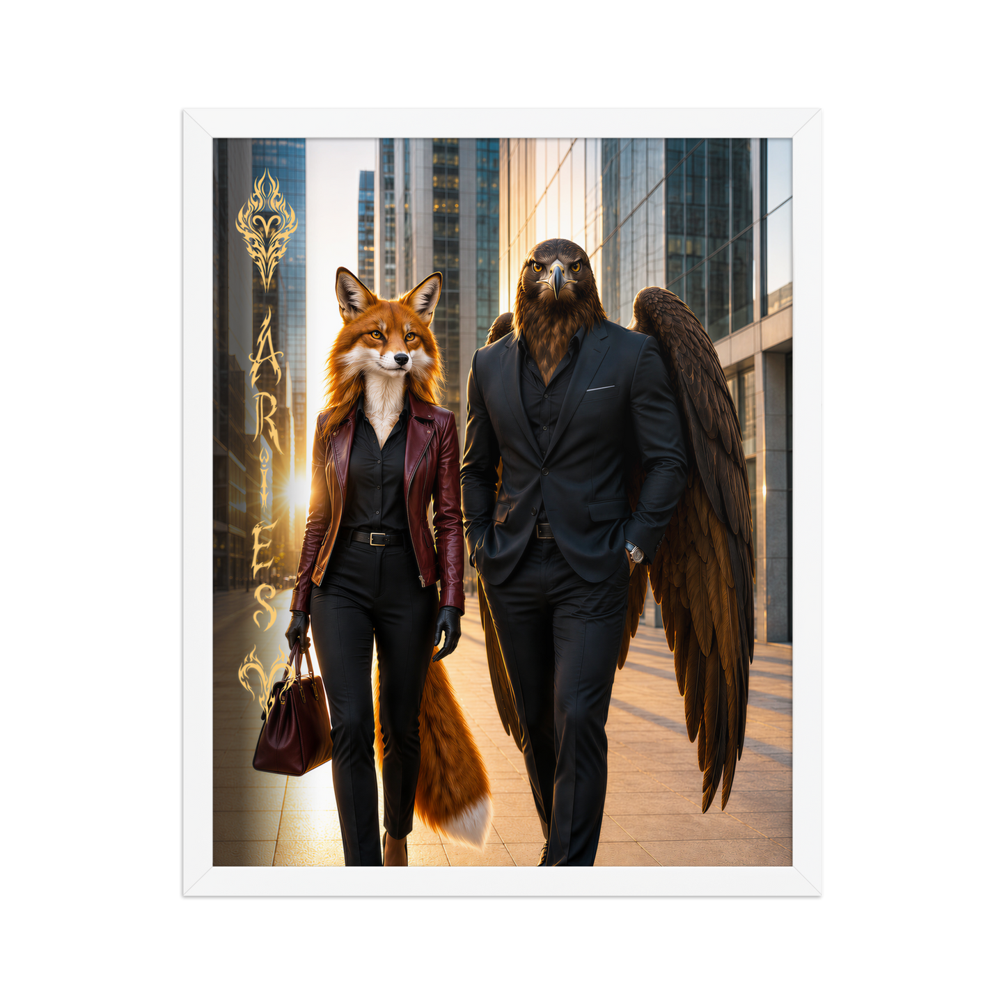 Framed Aries power couple poster featuring eagle and fox archetypes walking through a modern city, symbolizing strength, ambition, and partnership.