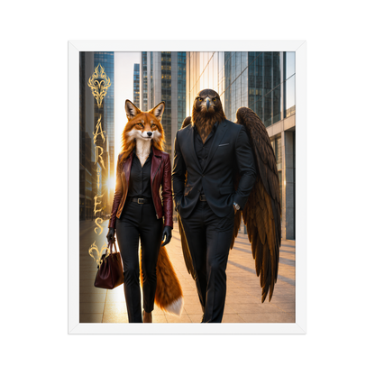 Framed Aries power couple poster featuring eagle and fox archetypes walking through a modern city, symbolizing strength, ambition, and partnership.