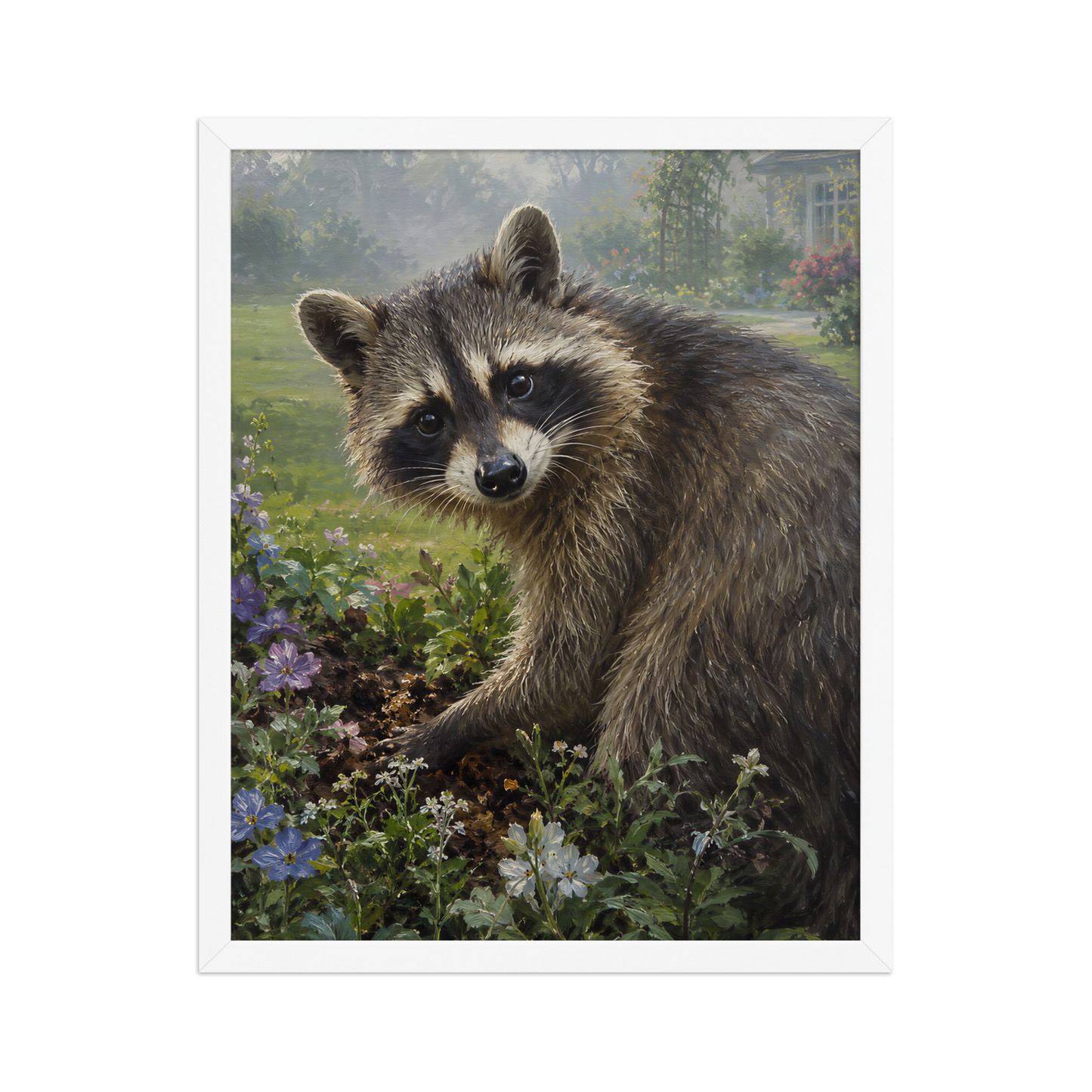 Garden Raccoon Curiosity Framed Poster