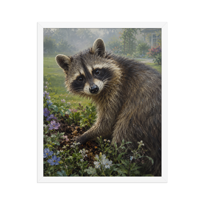 Garden Raccoon Curiosity Framed Poster