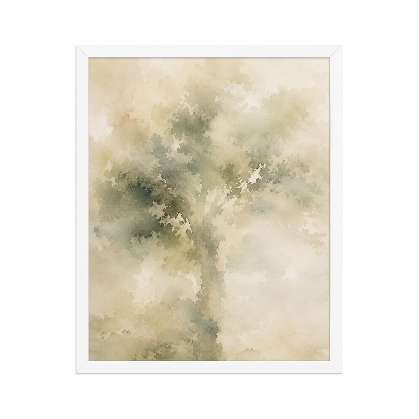 Framed minimalist nature poster featuring a softly emerging tree form in muted green and warm neutral tones.