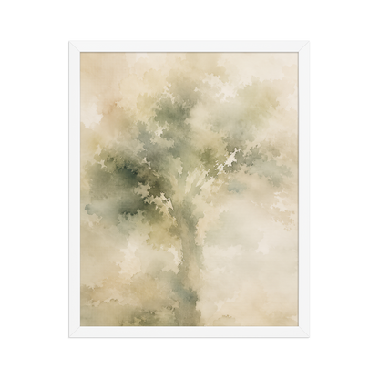 Framed minimalist nature poster featuring a softly emerging tree form in muted green and warm neutral tones.