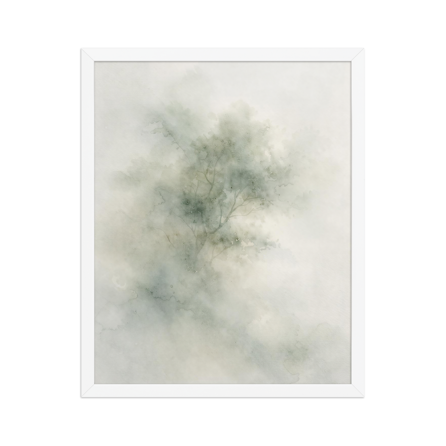 Framed minimalist watercolor-inspired artwork with a softly emerging tree form and subtle neutral tones.
