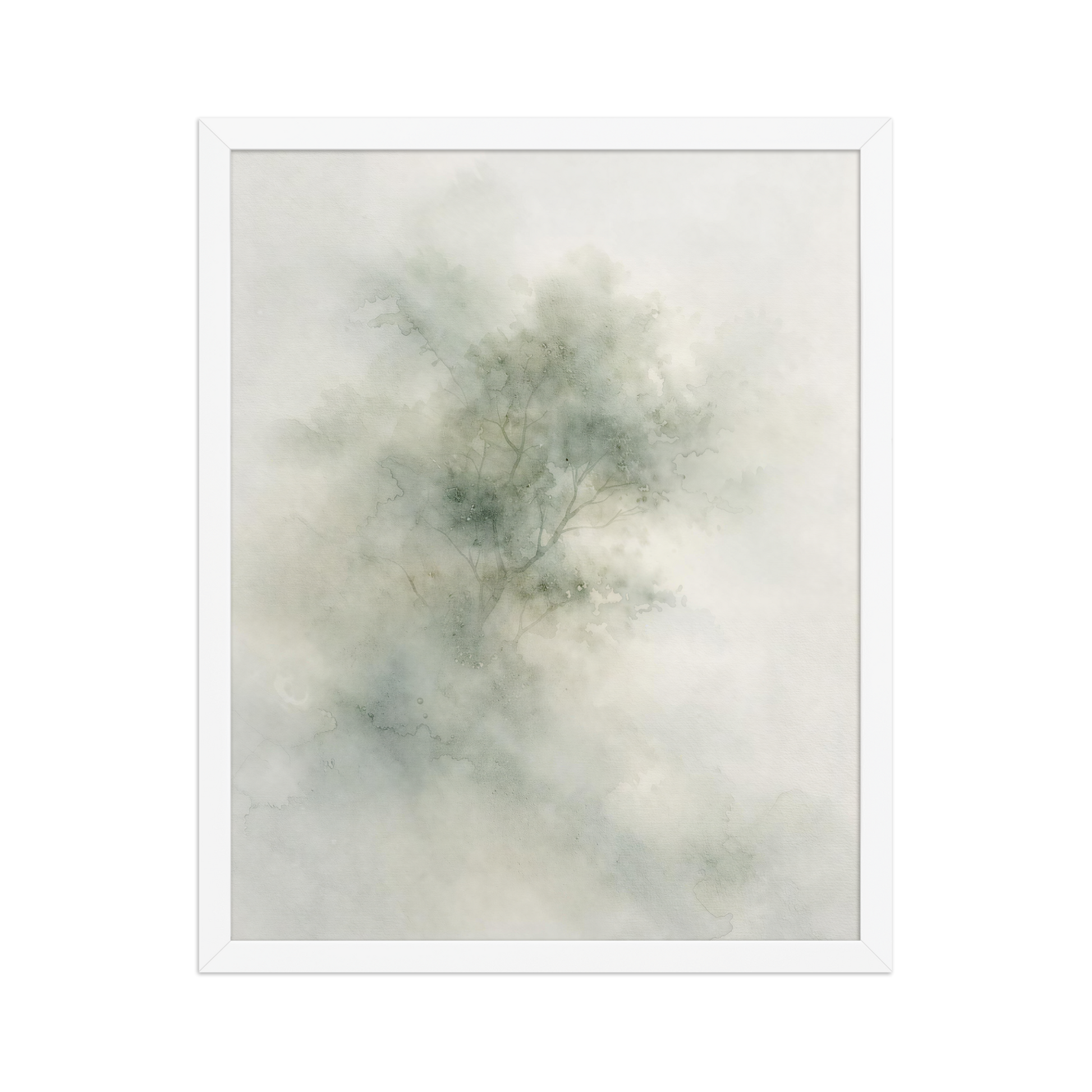 Framed minimalist watercolor-inspired artwork with a softly emerging tree form and subtle neutral tones.