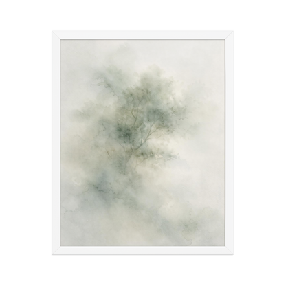 Framed minimalist watercolor-inspired artwork with a softly emerging tree form and subtle neutral tones.