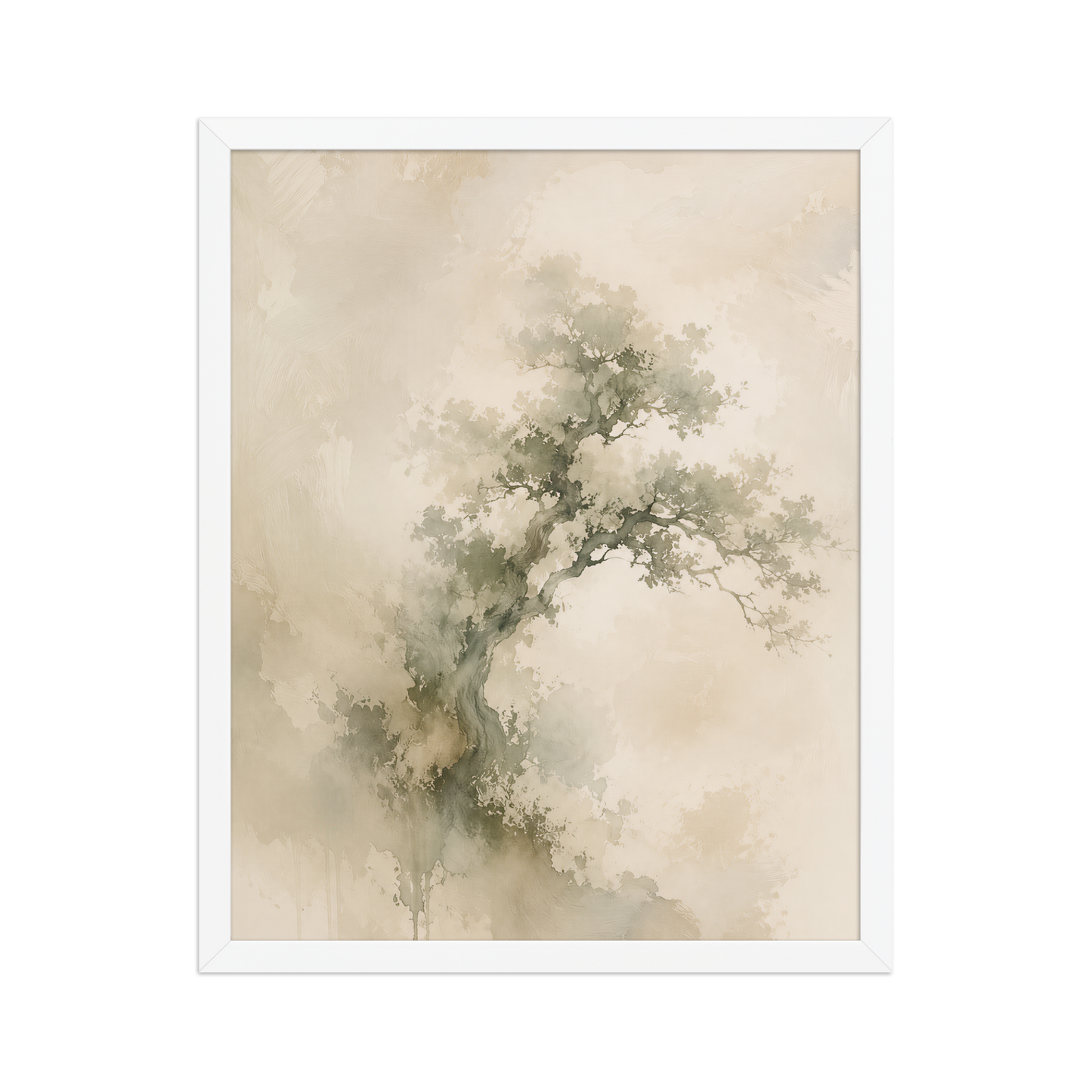 Framed minimalist nature-inspired poster featuring an emerging tree form in soft earthy neutral tones.