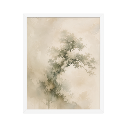 Framed minimalist nature-inspired poster featuring an emerging tree form in soft earthy neutral tones.