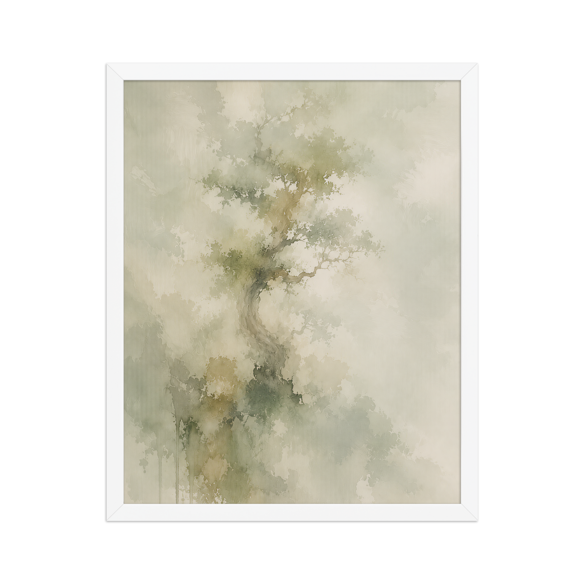 Framed minimalist nature-inspired poster featuring a softly emerging tree form in muted neutral tones and organic watercolor textures.