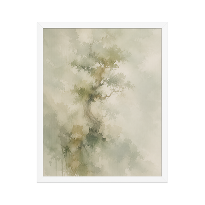Framed minimalist nature-inspired poster featuring a softly emerging tree form in muted neutral tones and organic watercolor textures.