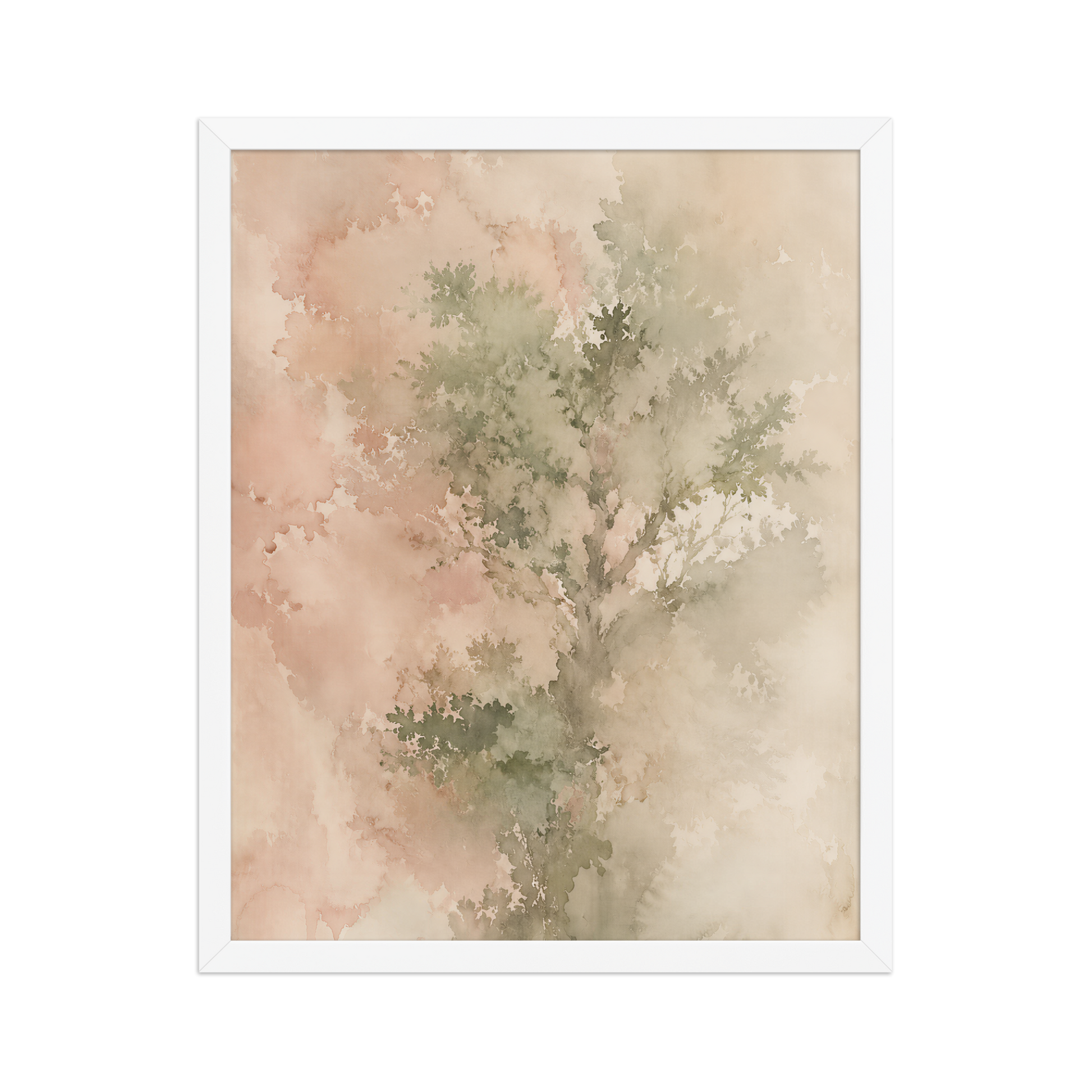 Framed minimalist nature-inspired poster featuring a softly emerging tree form in blush, sage, and warm neutral tones.