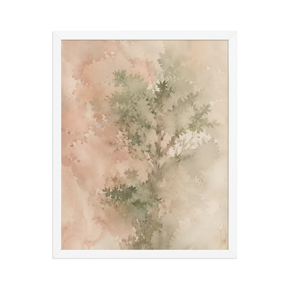 Framed minimalist nature-inspired poster featuring a softly emerging tree form in blush, sage, and warm neutral tones.