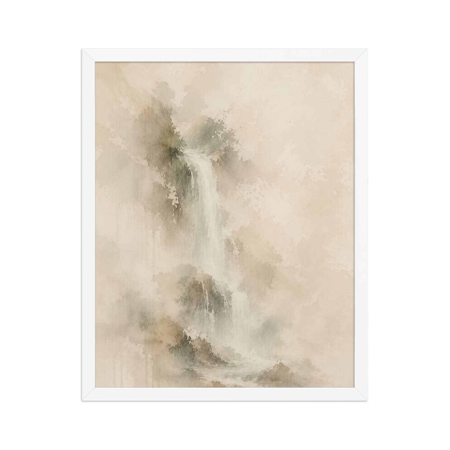 Framed waterfall-inspired poster featuring soft flowing forms in warm neutral and muted earth tones.