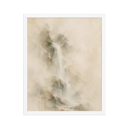Framed waterfall-inspired poster featuring soft flowing forms in warm neutral and muted earth tones.