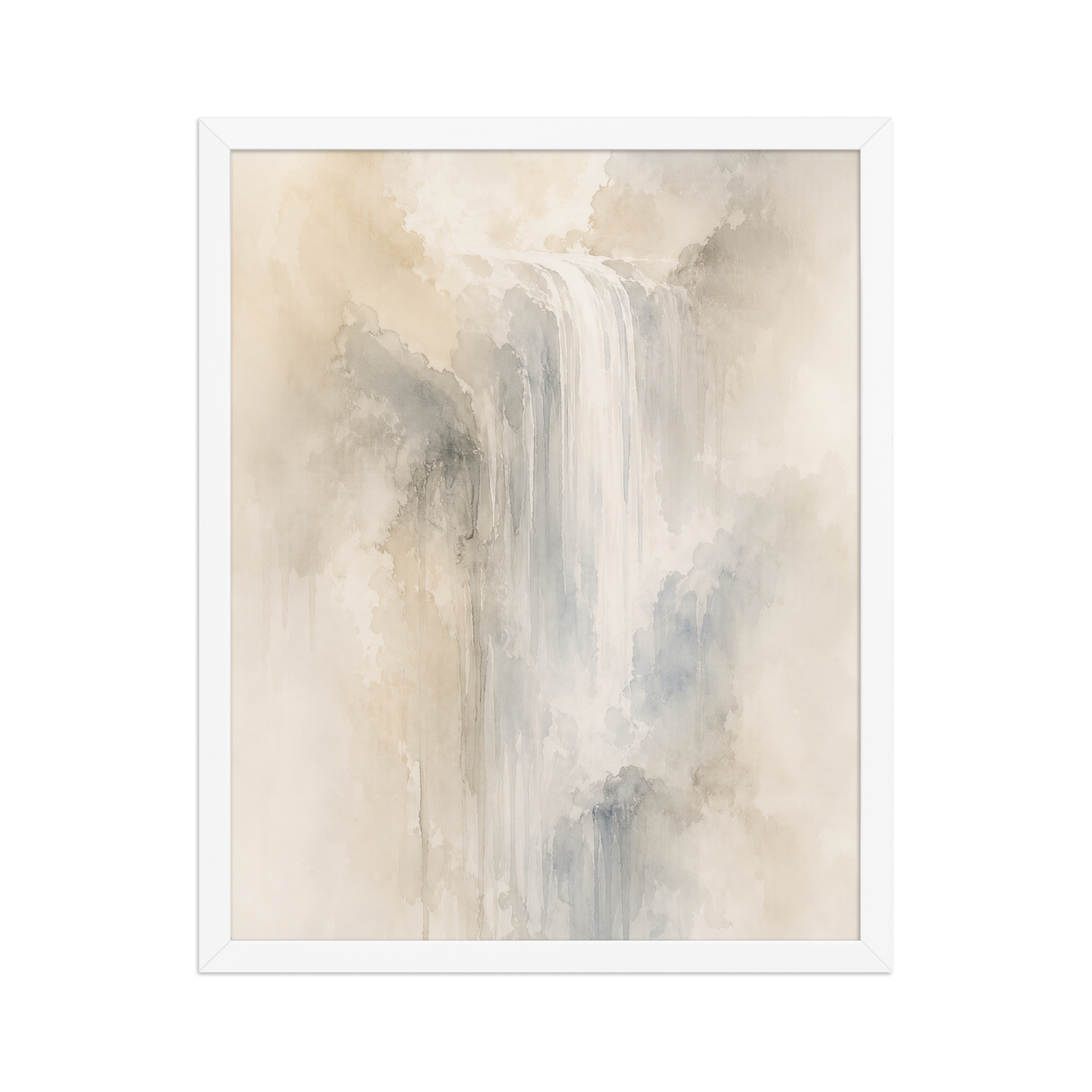 Framed waterfall-inspired poster with soft flowing forms in warm neutrals, misty blues, and subtle organic textures.