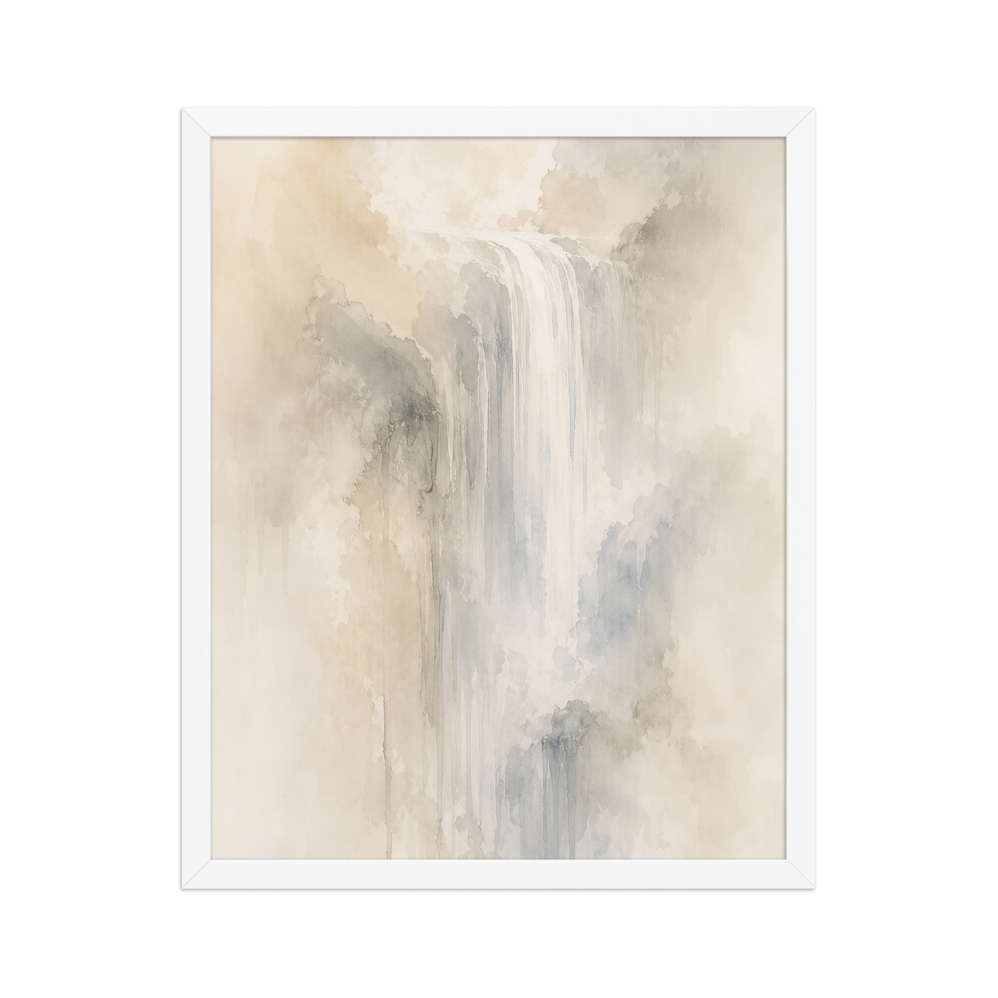 Framed waterfall-inspired poster with soft flowing forms in warm neutrals, misty blues, and subtle organic textures.