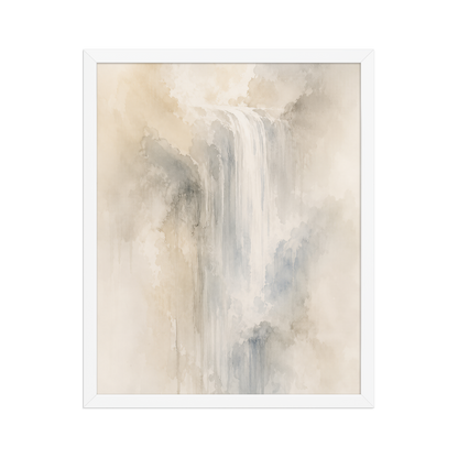 Framed waterfall-inspired poster with soft flowing forms in warm neutrals, misty blues, and subtle organic textures.