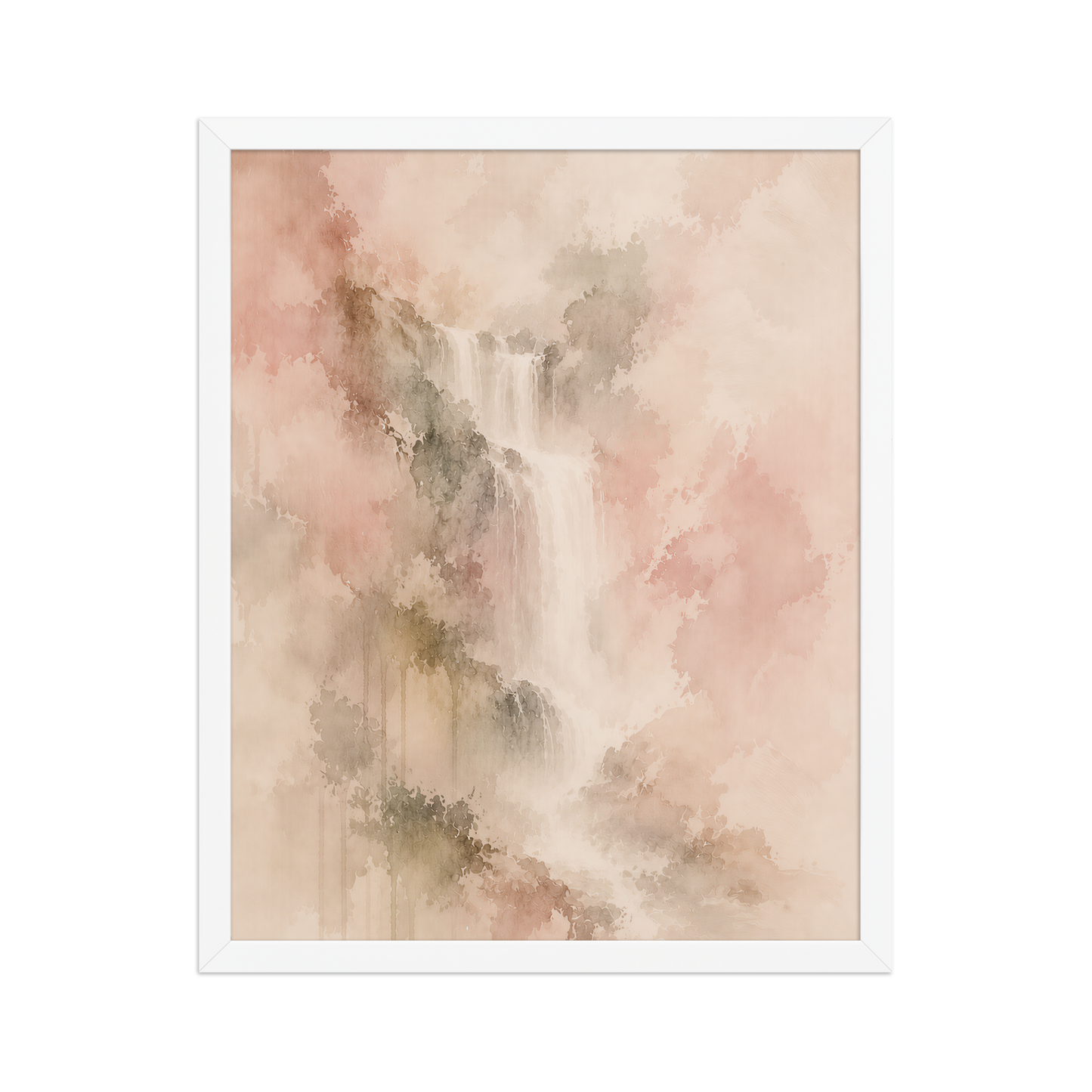 Framed waterfall-inspired poster featuring soft flowing forms in blush, warm neutral, and muted earth tones.