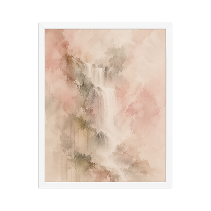 Framed waterfall-inspired poster featuring soft flowing forms in blush, warm neutral, and muted earth tones.